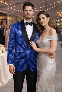 Royal Blue Rose Statement Tuxedo Jacket – Slim Fit with Shawl Lapel
