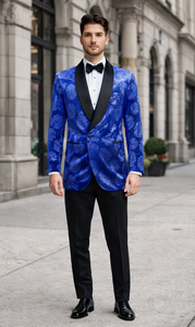 Royal Blue Rose Statement Tuxedo Jacket – Slim Fit with Shawl Lapel
