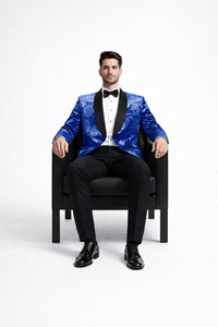 Royal Blue Rose Statement Tuxedo Jacket – Slim Fit with Shawl Lapel