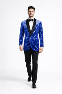 Royal Blue Rose Statement Tuxedo Jacket – Slim Fit with Shawl Lapel