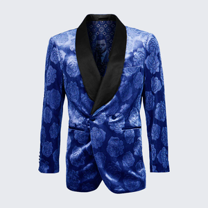 Royal Blue Rose Statement Tuxedo Jacket – Slim Fit with Shawl Lapel