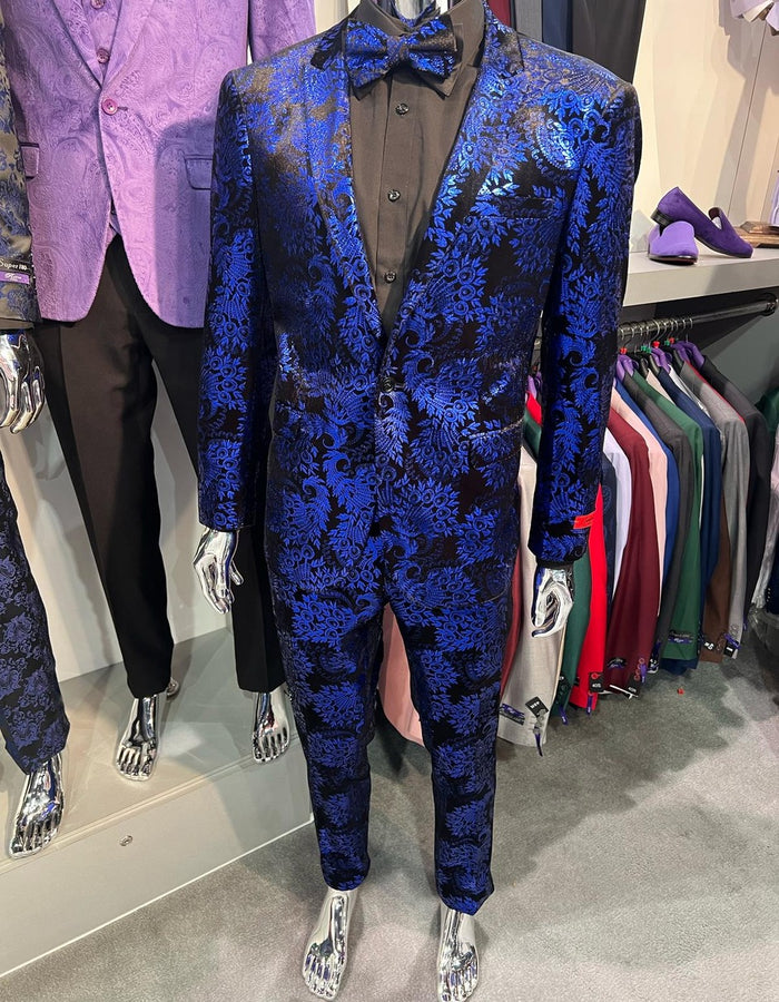 Men’s Royal Blue and Black Floral Tuxedo Suit – Slim Fit 2 Piece Formal Outfit with Matching Bow Tie