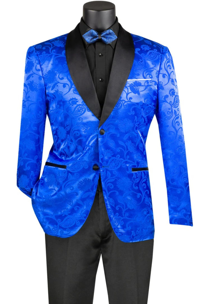 Mens Royal Blue Tuxedo - Mens Slim fit Silky Jacquard Tonal Paisley Print Prom Royal Blue Blazer