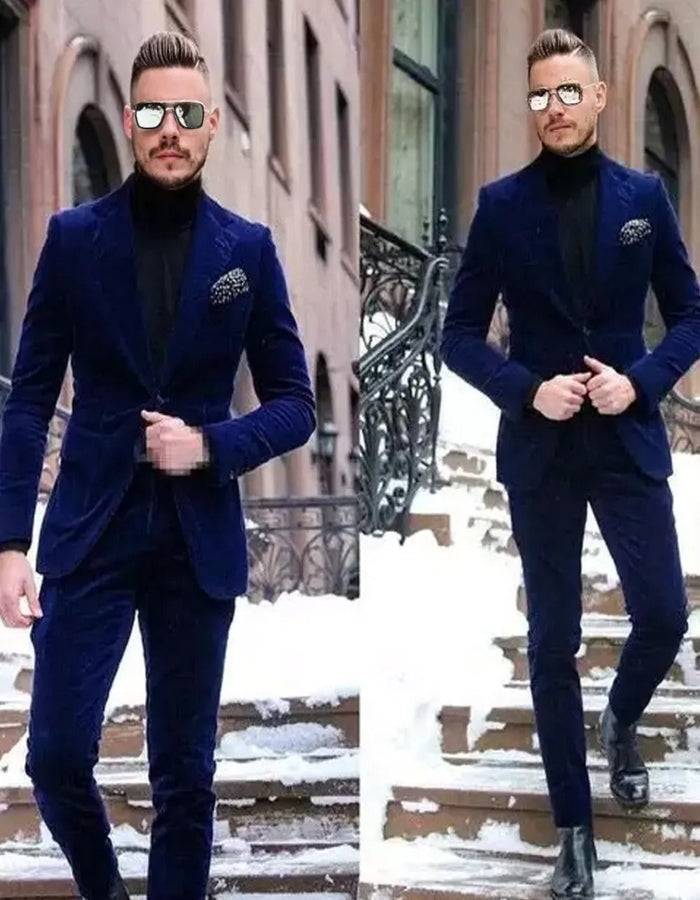Mens Royal Blue Velvet 2 Piece Wedding Suit  Luxury Formal Wear