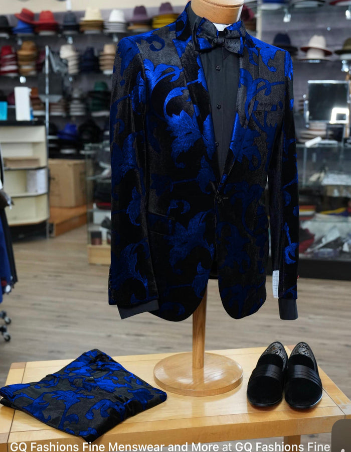 Mardi Gras Suit - Royal Blue and Black Paisley Tuxedo Dinner Jacket + Matching Pants - Velvet Fabric Slim Fitted