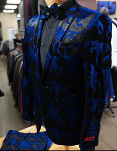 Mardi Gras Suit - Royal Blue and Black Paisley Tuxedo Dinner Jacket + Matching Pants - Velvet Fabric Slim Fitted