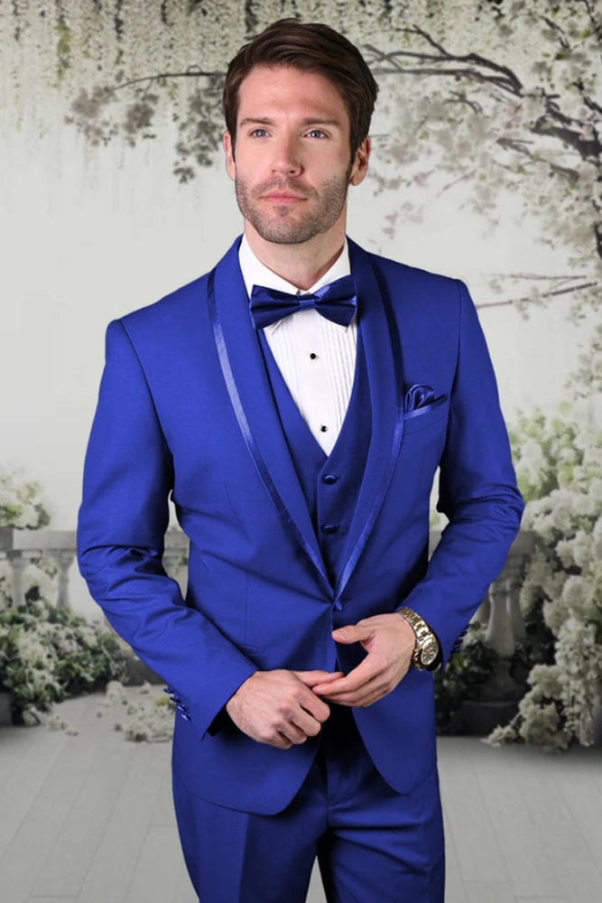 Mens Royal Blue Tuxedo - Men's Vested Satin Trim Shawl Wedding & Prom Royal Blue Tuxedo