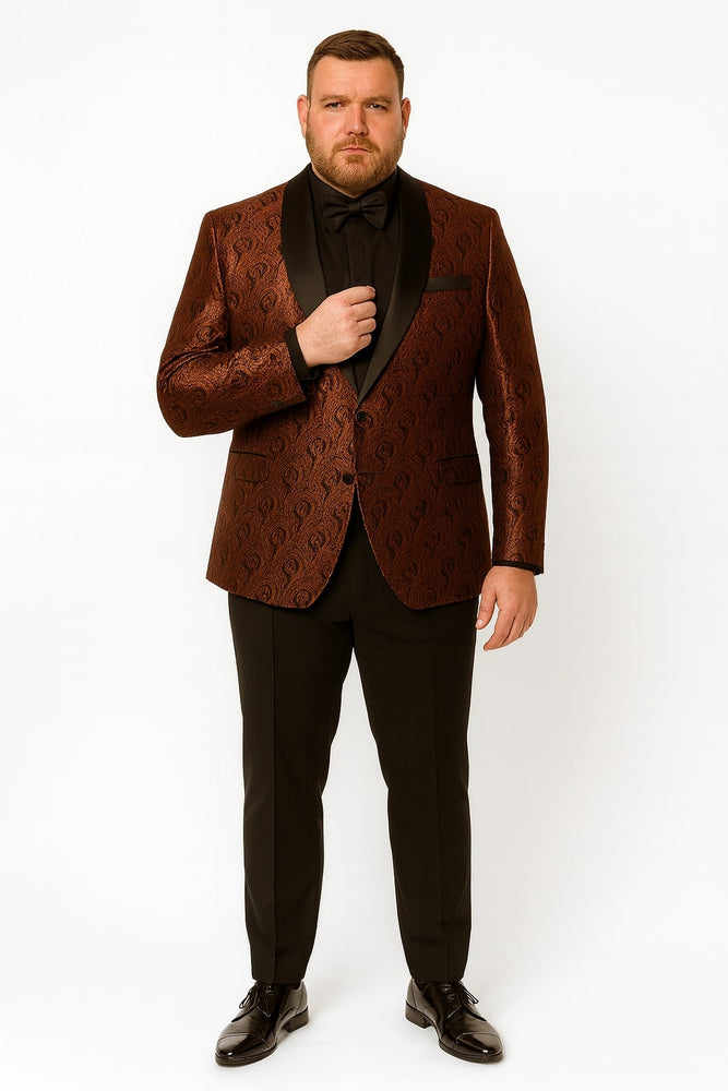 Mens Rust Copper Brick Color Paisley Tuxedo Jacket  Dinner and Wedding Blazer With Black Pants Matching Bowtie