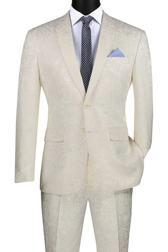 Ivory Tone on Tone Paisley Pattern Slim Fit Men's 2 Piece Suit 2 Button
