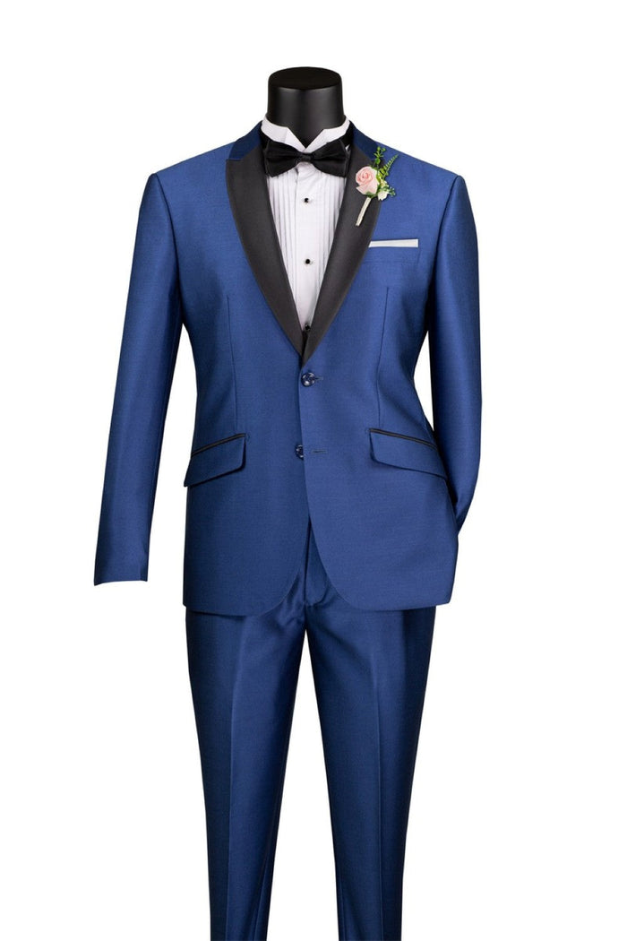 Slim Fit Shiny Sharkskin Men's 2 Piece Suit in Navy