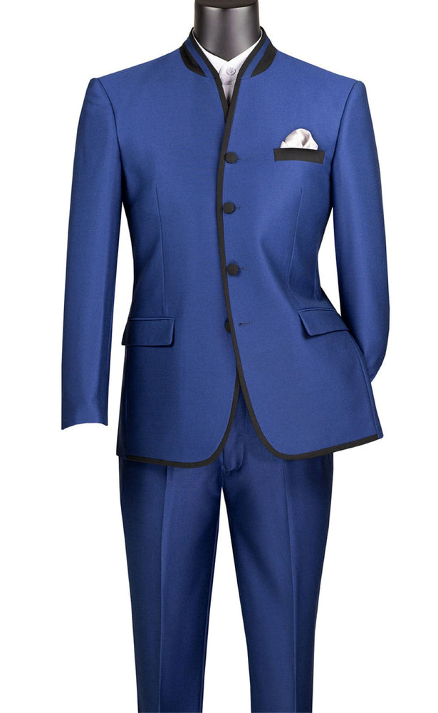 Oriental Collection - Banded Collar Slim Fit Suit Shiny Sharkskin 2 Piece Blue