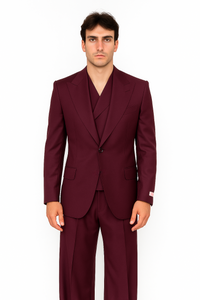 Tiglio Rosso Suit  - Classic Fit Athletic Cut 100% Wool Super 150s Italian Fabric Peak Lapel in Color Burgundy