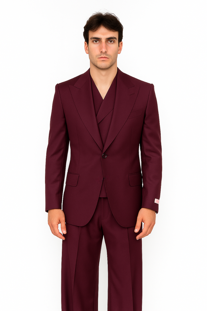 Tiglio Rosso Suit  - Classic Fit Athletic Cut 100% Wool Super 150s Italian Fabric Peak Lapel in Color Burgundy