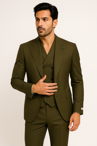 Tiglio Rosso Suit  - Classic Fit Athletic Cut 100% Wool Super 150s Italian Fabric Peak Lapel in Color Olive