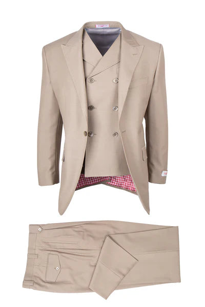 Tiglio Rosso Suit  - Classic Fit Athletic Cut 100% Wool Super 150s Italian Fabric Peak Lapel in Color Tan