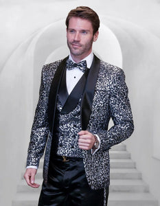Statement Men's Black Patterned Vested Tuxedo with Bowtie - Men's Tuxedo USA