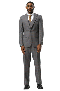 Men's Stacy Adams One Button Peak Lapel Suit With Double Breasted Vest in Grey Glen Plaid