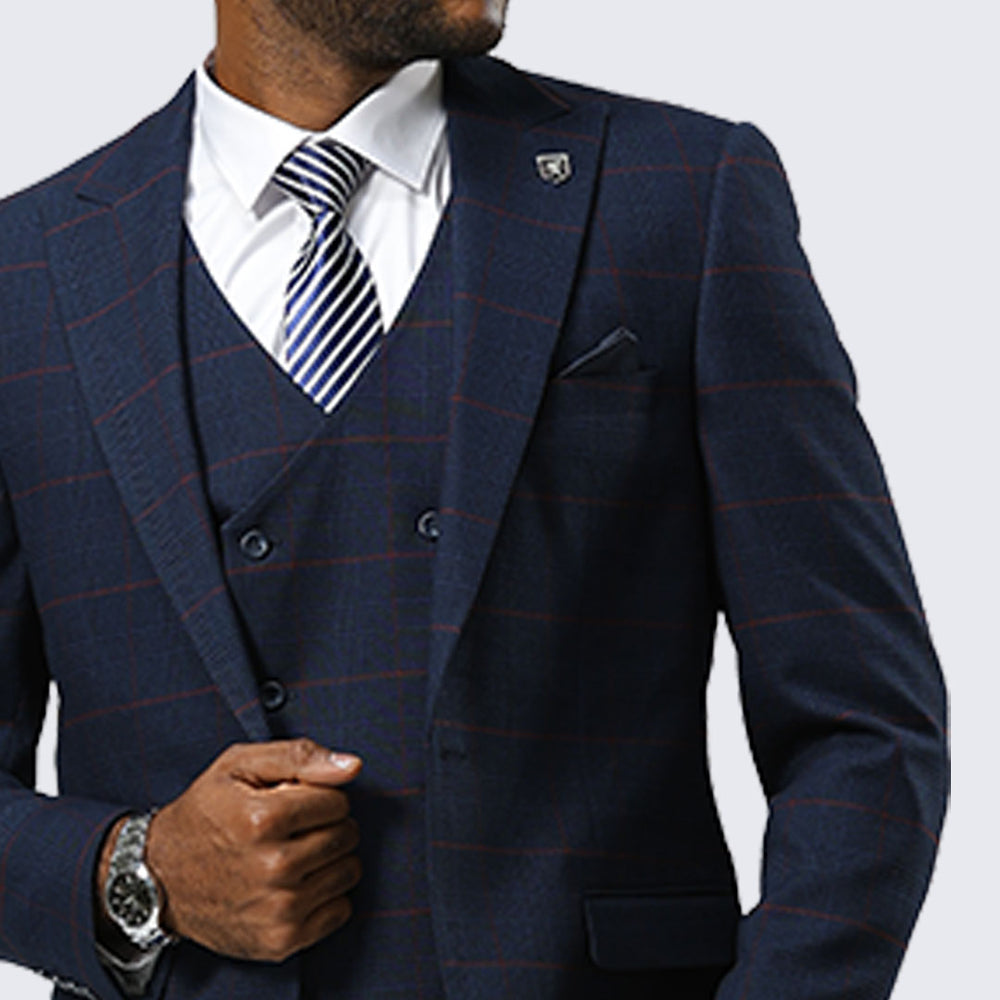Navy Plaid Three Piece Suit By Stacy Adams - Wedding - Prom
