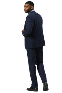 Men's Stacy Adams One Button Peak Lapel Suit With Double Breasted Vest in Navy Glen Plaid