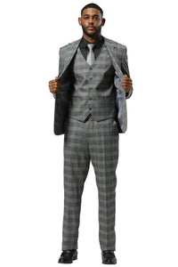 Men's Stacy Adams One Button Vested Peak Lapel Suit in Grey Glen Plaid