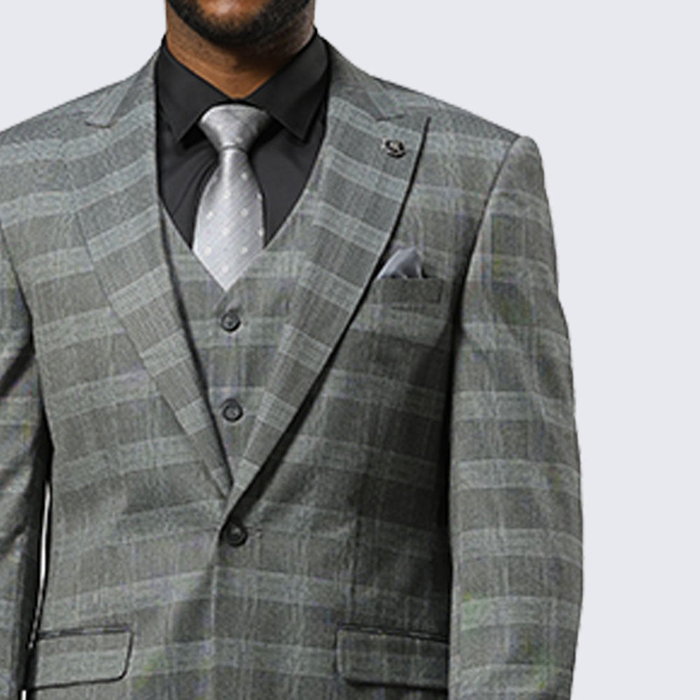 Grey Glen Check Three Piece Suit By Stacy Adams - Wedding - Prom