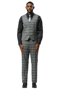 Men's Stacy Adams One Button Vested Peak Lapel Suit in Grey Glen Plaid