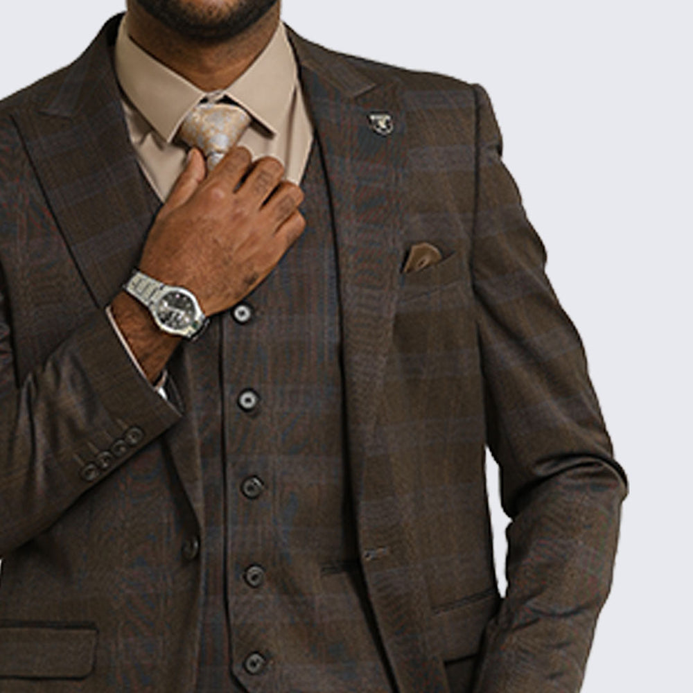 Brown Glen Check Three Piece Suit By Stacy Adams - Wedding - Prom