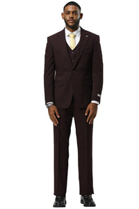 Men's Stacy Adams One Button Peak Lapel Vested Sharkskin Suit in Burgundy