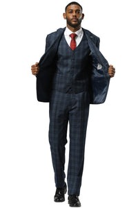 Men's Stacy Adams Modern Fit Vested Suit in Navy Blue Double Windowpane Plaid