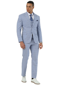 Mens Easter Suit - Jacket and Pants in Summer Color Light Blue Glen Plaid Modern Fit Light Weight