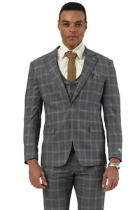 Men's Designer Stacy Adams Vested Glen Plaid Suit in Charcoal & Brown