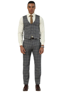 Men's Designer Stacy Adams Vested Glen Plaid Suit in Charcoal & Brown
