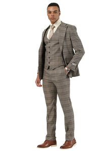 Men's Stacy Adams Two Button Wide Notch Lapel Vested Suit in Brown Glen Plaid