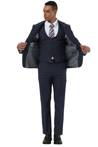 Men's Stacy Adams Two Button Peak Lapel Suit with Scoop Vest in Navy Glen Plaid