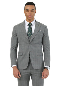 Men's Stacy Adams Two Button Peak Lapel Suit with Scoop Vest in Grey Glen Plaid