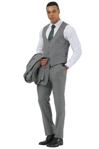 Men's Stacy Adams Two Button Peak Lapel Suit with Scoop Vest in Grey Glen Plaid