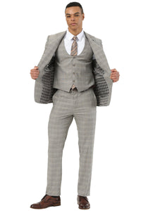 Men's Stacy Adams Two Button Peak Lapel Suit with Scoop Vest in Kahki Glen Plaid