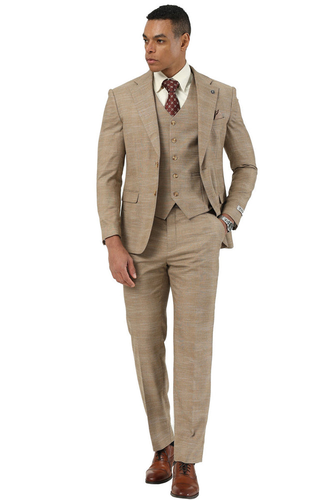 Men's Stacy Adams Vested Sharkskin Pattern Business Suit in Tan