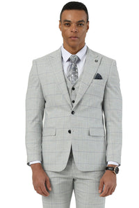 Men's Stacy Adams Two Button Vested Peak Lapel Suit in Light Grey Windowpane Plaid