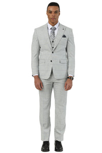 Men's Stacy Adams Two Button Vested Peak Lapel Suit in Light Grey Windowpane Plaid
