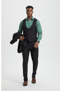 Men's Vested One Button Peak Lapel Stacy Adams Designer Suit in Black