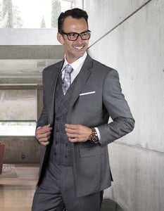 Mens 2 Button Notch Lapel Wool Suit With Double Breasted Shawl Vest in Grey