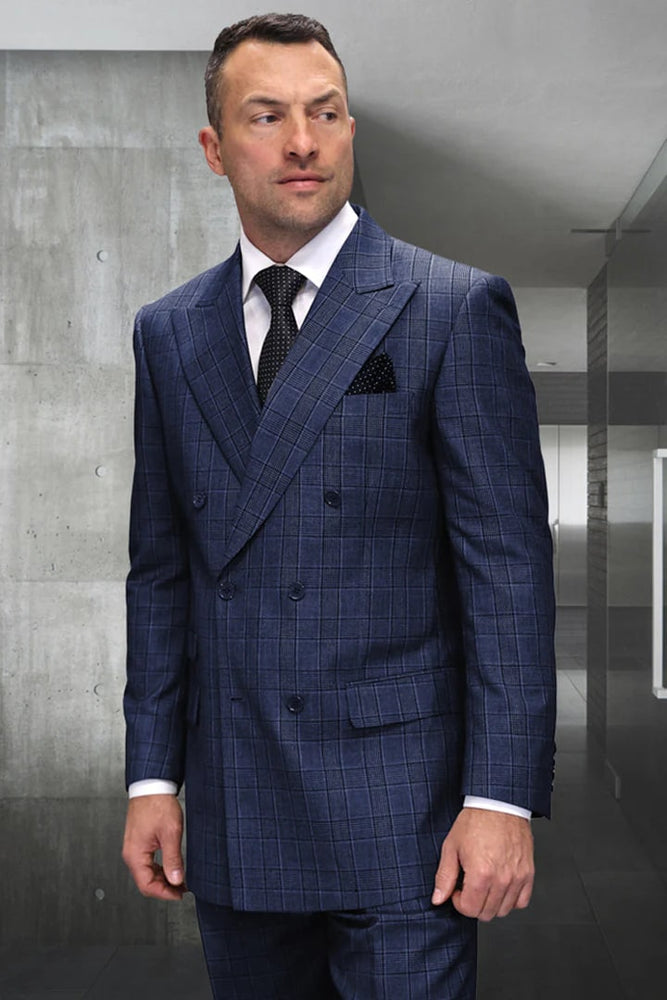 Mens Designer Classic Fit Double Breasted Sapphire Blue Wool Suit