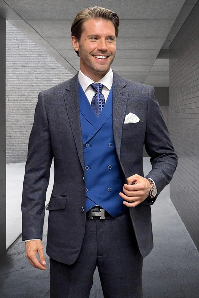 Mens Modern Fit Wool and Cashmere Plaid Sapphire Business Suit