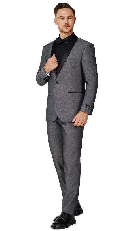 Mens Satin Gray One Button Shawl Lapel Tuxedo Slim Fit