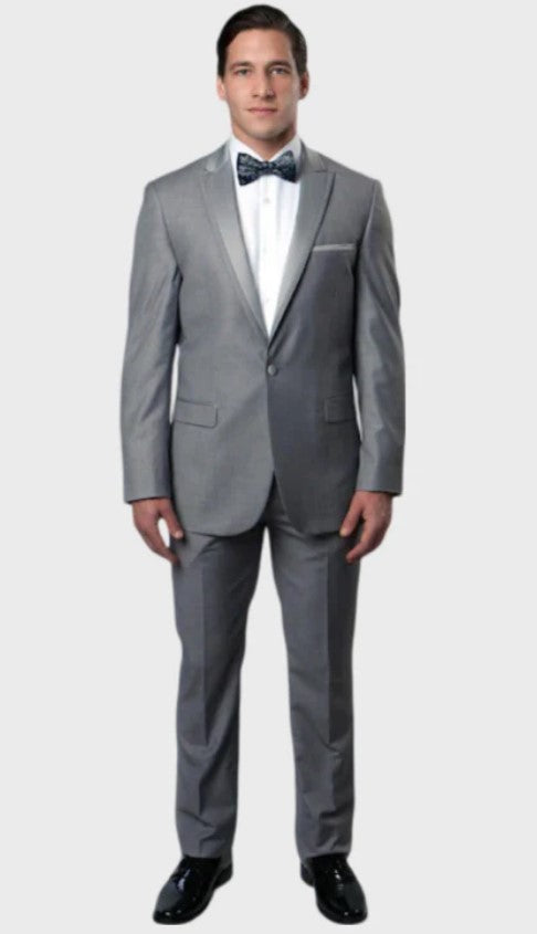 Big and Tall Tuxedo - Full Lined Jacket Grey 1 Button Satin Peak Lapel Tuxedo