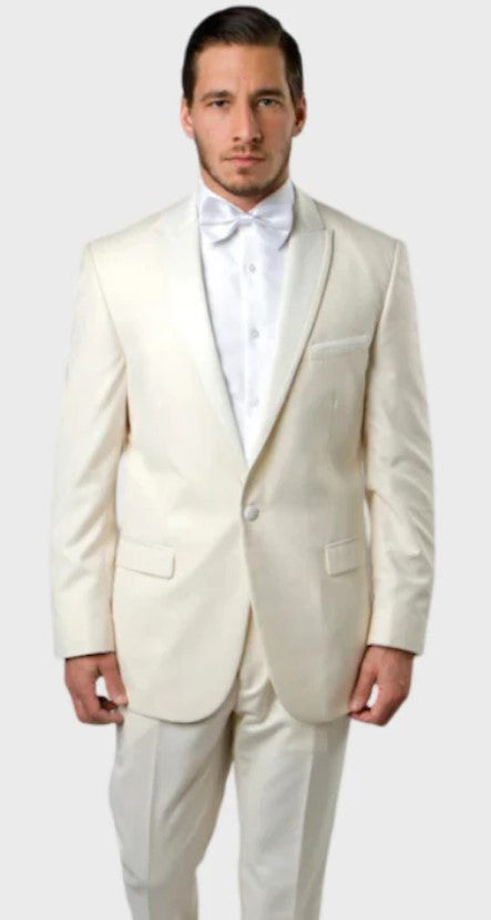 Big and Tall Tuxedo - Off White 1 Button Satin Peak Lapel With Satin Trim Tuxedo