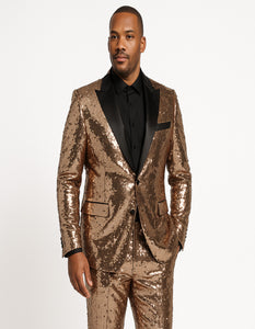 Men's Rose Gold Sequin Tuxedo Suit with Black Satin Lapel – Luxury Slim Fit Blazer for Parties and Events