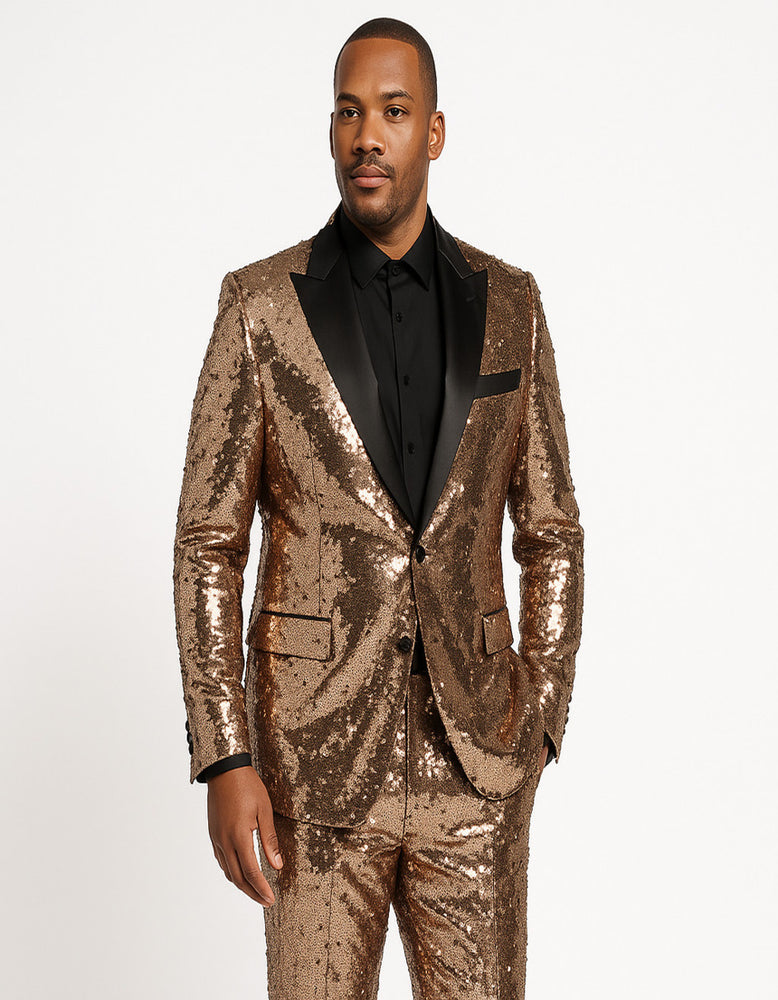 Men's Rose Gold Sequin Tuxedo Suit with Black Satin Lapel – Luxury Slim Fit Blazer for Parties and Events