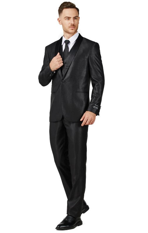 Mens Shiny Black Single Breased Shawl Lapel Tuxedo Slim Fit